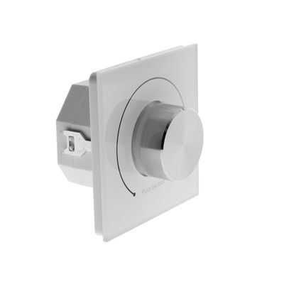 Silver coloured rotary dimmer switch with white plate with push on/off function, ideal for controlling LED lighting.