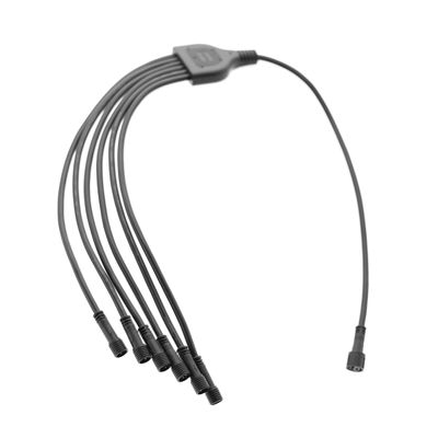 Black five-way LED distribution cable with DC outputs; ideal for high efficiency lighting installations. One input, five output design for added versatility.