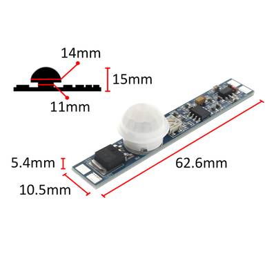 Slim PIR sensor for LED lighting, compact circuit board and dome, 62.6 x 10.5 x 5.4 mm, dome 14 x 15 mm