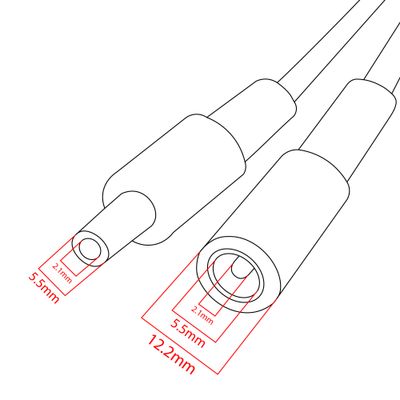 Line drawing of two cable connectors with dimensions: 5.5 mm x 2.2 mm and 5.6 mm x 2.1 mm x 12.2 mm, highlighting their size for LED lighting compatibility.