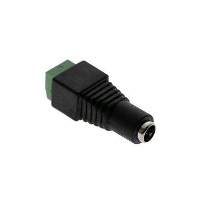 Black screw connector with green front end and two slots for LED lighting installations.