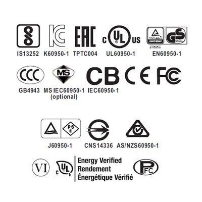 Grid of electrical certification logos: UL, CE, FCC, showing quality assurance symbols for LED lighting products.