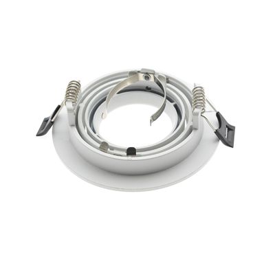 Round white recessed LED luminaire with two metal spring brackets and a circular metal component in the middle for secure installation.