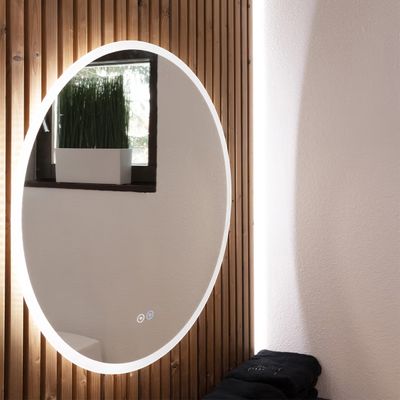 Round LED mirror illuminates a wooden salal wall; natural light, potted plant, black towel nearby.