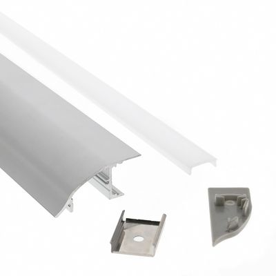 Aluminium LED trunking kit with frosted cover, end cover and mounting clips for stylish lighting installation on a white base.