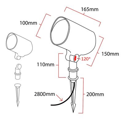 The diagram of the outdoor light shows 165 mm head, 150 mm height, 100 mm width, 110 mm adjustable neck, 120 degree angle adjustability and 200 mm column length.