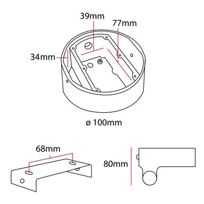 Technical drawing: circular LED device, diameter 100 mm, depth 39 mm, width 77 mm, height 34 mm. L-shaped bracket: hole width 68 mm, depth 80 mm.