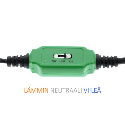 Green switch for LED lights with "WW", "NW" and "CW" labels; text below in orange, grey, blue: "WARM NEUTRAL COOL.