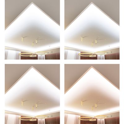 Four images of a ceiling corner with different LED lighting colours: white, yellow, cool and warm mix and warmer shades. Optimal for modern interiors.
