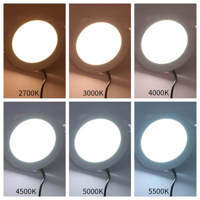 Comparison of LED light colour temperatures: 2700K, 3000K, 4000K, 4500K, 5000K & 5500K in six circular luminaires.