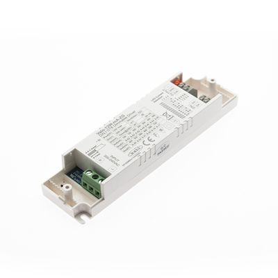 Alternative text: rectangular LED controller with white housing, Mean Well label with green and orange connectors, ideal for LED lighting solutions.