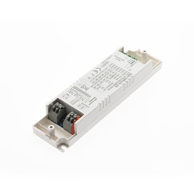 LED controller with white housing, rectangular shape; visible connectors and printed information on top. Ideal for efficient LED lighting solutions.