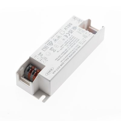 Rectangular LED controller with connectors and certification marks on a white background, ideal for energy efficient lighting solutions.