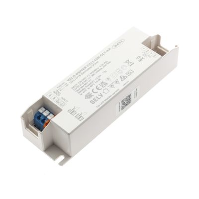 Close-up of a rectangular white LED power controller with connectors, labelled text and symbols to improve the energy efficiency of LED lighting.