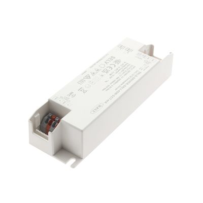White rectangular electronic ballast with printed text and symbols, with connectors at one end for LED lighting applications.