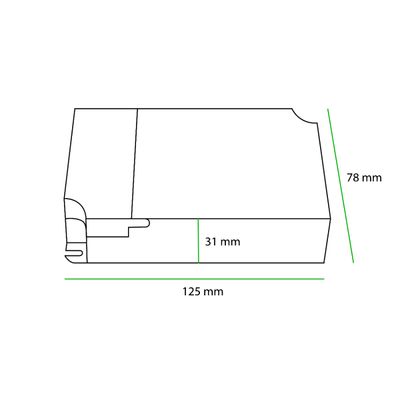 Line drawing of a rectangular LED light 125 mm long, 78 mm high and 31 mm wide with contours and edges to improve search engine optimization.