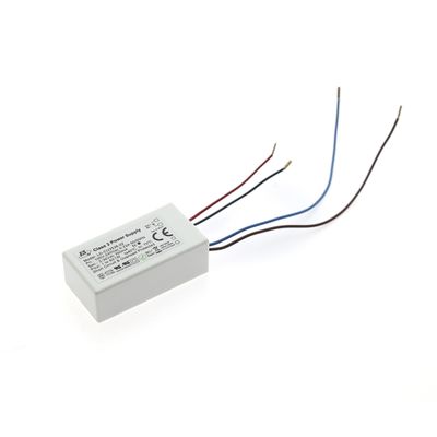 Alternative text: rectangular LED power supply with four coloured wires, displays specifications and certificates for energy efficient lighting.