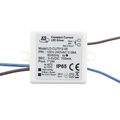 LED controller white rectangular, specifications on front, blue and brown wiring details