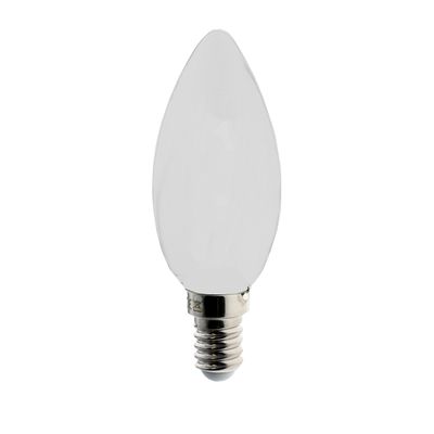 Alternative text: candle-shaped LED lamp with silver screw base, vertical on white base, ideal for energy efficient lighting solutions.