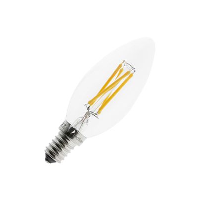 LED lamp with clear elongated design, visible filaments and screw base on white background - Energy efficient lighting solution.