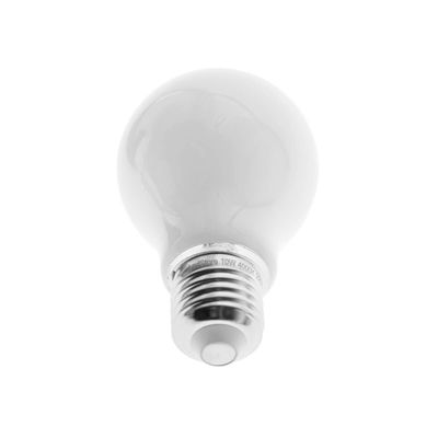 Round white LED lamp with silver coloured screw base against a white background, perfect for energy efficient lighting solutions.