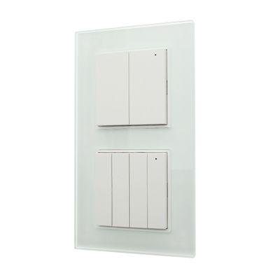 "Modern white light switch panel with two switches on a transparent base, insulated with a white background for LED lighting.