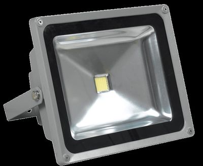 Close-up of a rectangular LED spotlight with silver reflective surface and side bracket for efficient outdoor lighting.