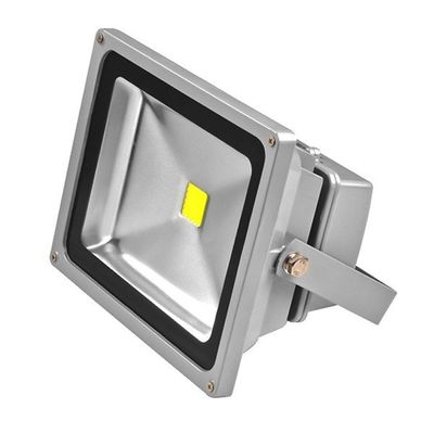 Silver coloured square LED spotlight with adjustable bracket, oblique view. Ideal outdoor lighting solution. Energy efficient and durable.