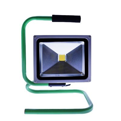 Portable LED floodlight with green frame, black handle and forward rectangular light; ideal for outdoor and building use.
