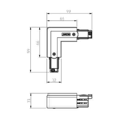 Technical drawing of a rectangular LED connector with dimensions and side view for precision lighting installations.