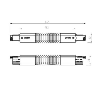 Technical drawing with an accordion-shaped mechanical part with detailed dimensions, top and side view; ideal precision for LED lighting installations.