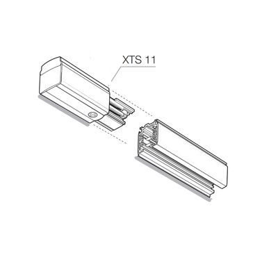 Line drawing of LED lighting rail components marked "XTS 11" with connector and rail pieces with dotted lines for assembly.