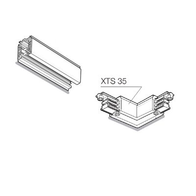 Diagram of a rectangular metal bar with a corner joint marked "XTS 35", illustrating the structural components and connections for the installation of LED lighting.