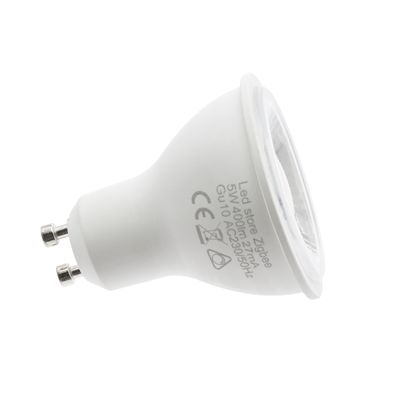 The display comes with a GU10-based LED spotlight bulb that highlights technical information and symbols on its side against a flat background.