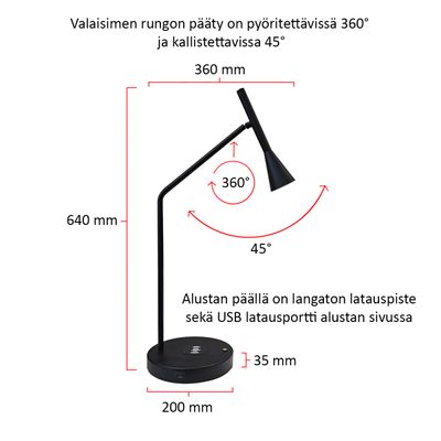 Modern black table lamp with adjustable top, wireless charging base; width 360 mm, height 640 mm. Finnish text highlights the features.
