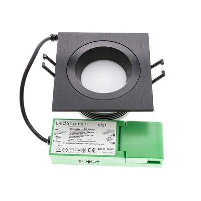 Black Square Recessed LED Downlight with Green LED Driver on White Background - Energy efficient lighting solution