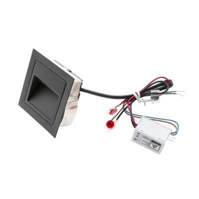 Rectangular black recessed door handle with wiring and electronic component for modern cabinet or furniture installation - LED lighting movement.