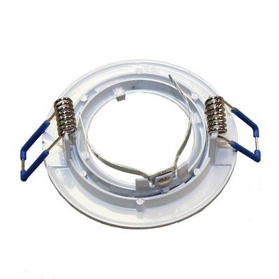 Close-up of a white round recessed LED downlight with double springs and blue holders, ideal for modern lighting solutions.
