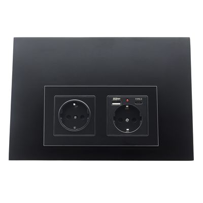 Black LED lighting wall panel with two sockets and USB-C port for modern electrical installation.