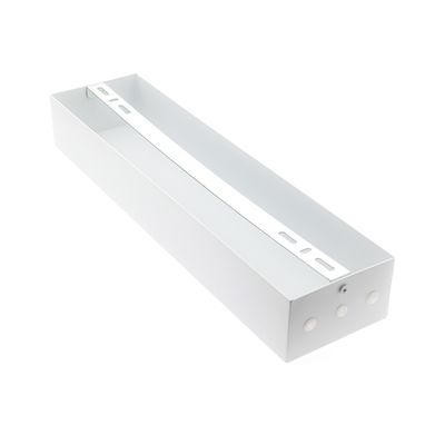 Rectangular white LED luminaire housing with ventilation slots on a white base, ideal for electrical and lighting installations.