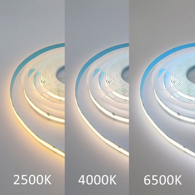 LED strips that display warm white (2500K), neutral white (4000K) and cool white (6500K) colour temperatures neatly on a surface.