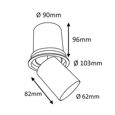 Diagram of cylindrical LED luminaire, included dimensions 90mm, 96mm, 103mm, 82mm, 62mm, lighting profile