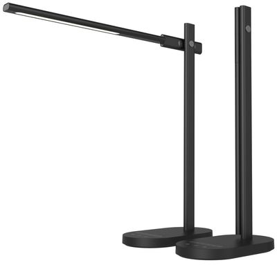 Two black LED table lamps; one with horizontal arm, one with vertical folded arm, modern lighting.