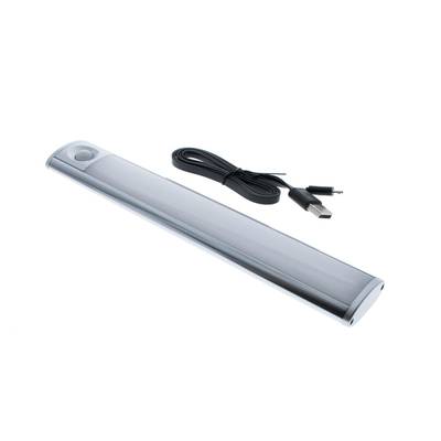 Silver coloured LED light bar with motion sensor and USB charging cable on a white background, ideal for modern lighting needs.