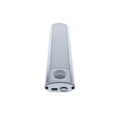 Silver coloured rectangular LED light bar with motion sensor and power button on a white background, ideal for energy efficient lighting solutions.