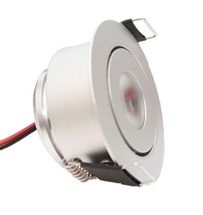 Close-up of a silver coloured recessed LED ceiling light with attached wire, ideal for modern lighting solutions.