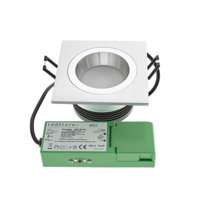 Rectangular recessed LED ceiling light with brushed metal and green LED element - perfect for a modern, energy-efficient lighting solution.