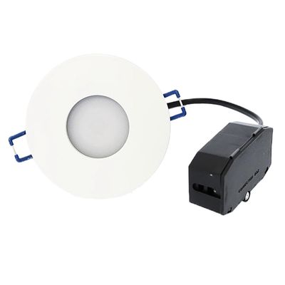 Round flush-mounted LED downlight, white frame, black electrical housing, blue mounting clips