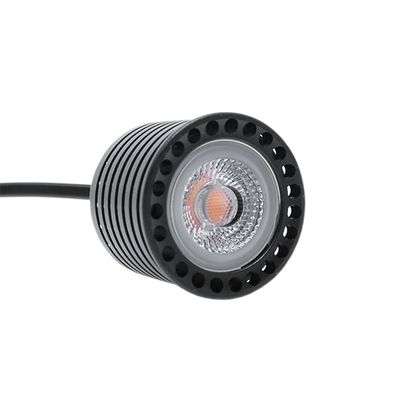 Close-up of a circular LED spotlight with ribbed black housing, clear lens and connected black cable. An energy efficient lighting solution.