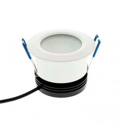 Round white recessed LED light with blue holders and black power cord. An energy efficient lighting solution for modern homes and businesses.